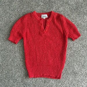Red Short Sleeve Knit Henley Sweater